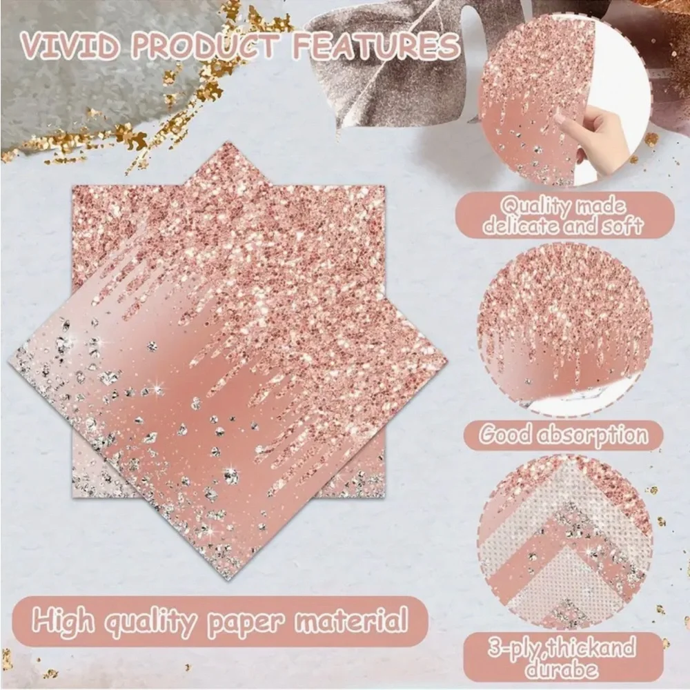 Rose Golden Diamonds 3-ply Cocktail Beverage Party Napkins, 20 ct